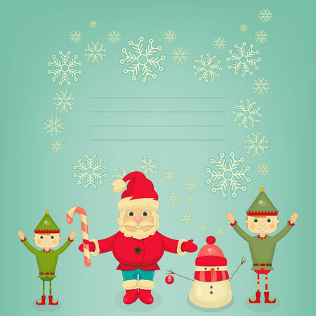 Retro Merry Christmas and New Years Card with Santa Claus, Christmas Elf and Snowman. Place for Text. Vector illustration.のイラスト素材