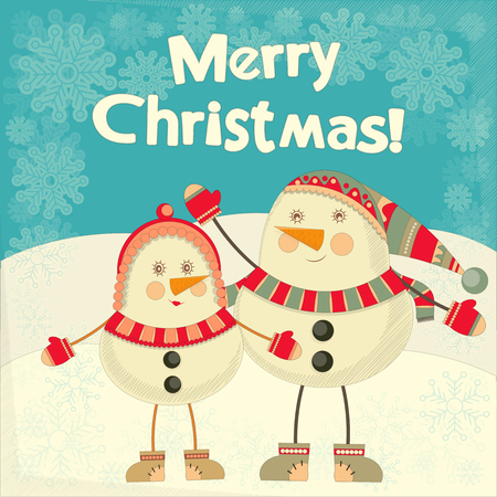 Merry Christmas Greeting Card with Two Cartoon Cute Snowmans. Vector Illustration.のイラスト素材