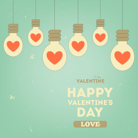 Valentines Day Poster in Retro Style. Light Bulb with Hearts.  Vector Illustration.のイラスト素材