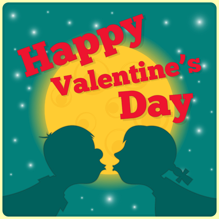 Valentines Day Card - Couple Kissing in Moonlight. Square format. Vector Illustration.のイラスト素材