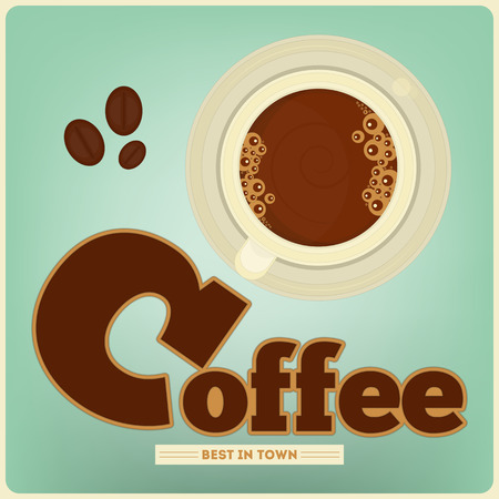Coffee Card - Cup of Coffee and Coffee Beans on Blue Background - Advertising, Cover Menu. Vector Illustration.のイラスト素材