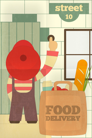 Food Delivery. Courier Delivered Products. Poster in Retro Style. Flat Character Design. Vector Illustration.のイラスト素材