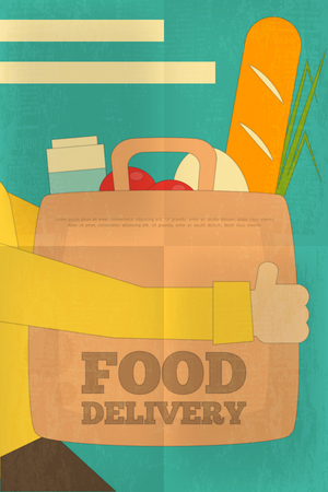 Food Delivery. Couriers Deliver Package with Products. Poster in Retro Style. Flat Character Design. Vector Illustration.のイラスト素材