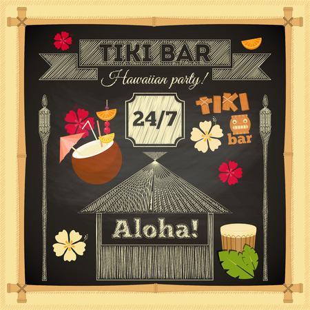 Tiki Bar. Summer Hawaii Card on Chalkboard with Bamboo Frame. Vector Illustration.のイラスト素材