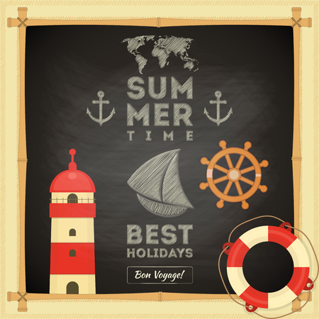 Summer Card on Chalkboard. Sea Retro Theme. Vector Illustration.のイラスト素材