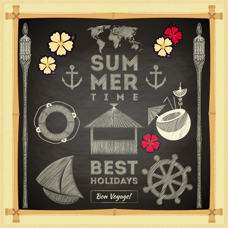 Summer Card on Chalkboard. Sea Hawaii Theme. Vector Illustration.のイラスト素材