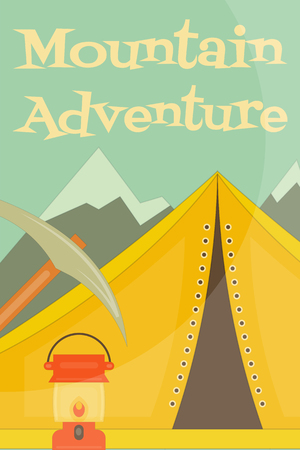 Mountain Climbing Poster in Retro Style. Camping and Hiking Elements. Yellow Tent. Vector Illustration.のイラスト素材