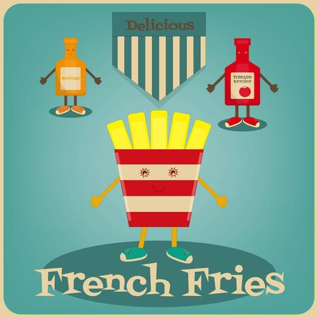 French Fries Cartoon - Funny Potato, Mustard and Ketchup. Vector Illustration.のイラスト素材