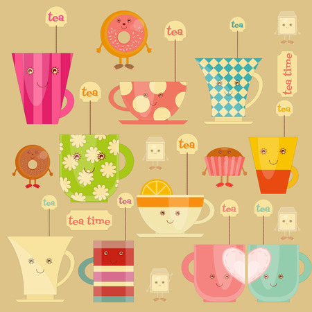 Tea Time Icons Set. Collection of Colorful Tea Cups. Vector Illustration.のイラスト素材