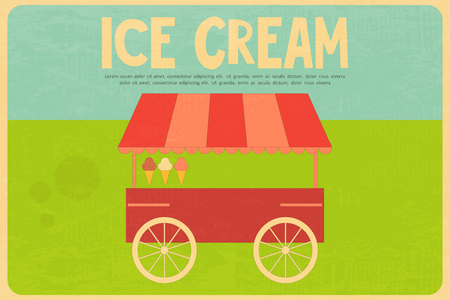 Ice Cream Retro Poster in Flat Design Style. Ice Cream Truck on Grass. Vector Illustration.のイラスト素材