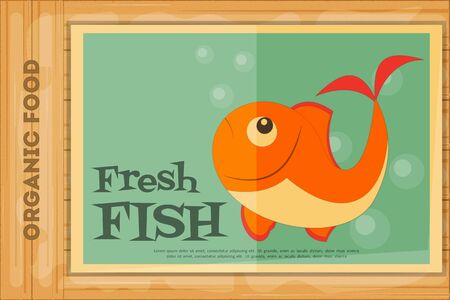 Fresh Fish Poster on Wooden Background. Retro Placard. Vector Illustration.のイラスト素材