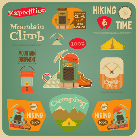 Mountain Climbing Card in Retro Design. Camping and Hiking Elements. Vector Illustration.のイラスト素材