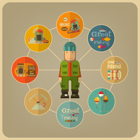 Hiking and Fishing Poster in Retro Design. Advertisement Active Rest. Camping, Fishing and Hiking Elements. Vector Illustration.のイラスト素材