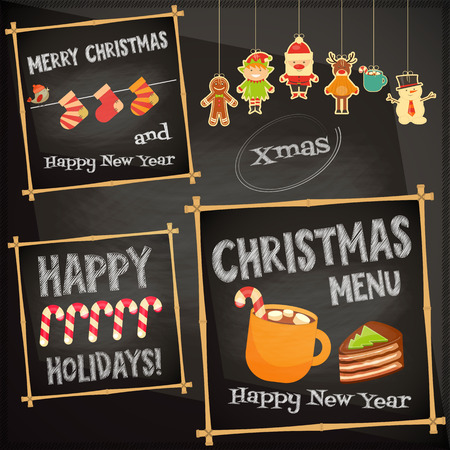 Christmas characters on Chalkboard. Cafe Sweet  Menu. Vector Illustration.のイラスト素材