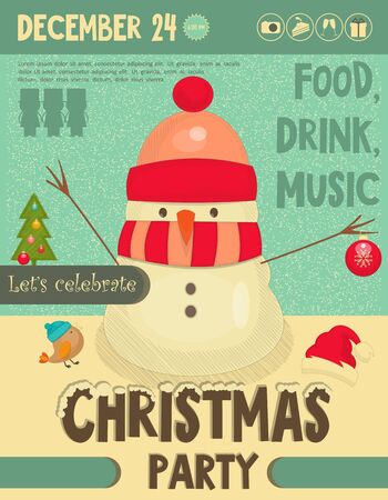 Invitation to Christmas Party. Snowman on Snowy Background. Retro Style. Vector Illustrations.のイラスト素材