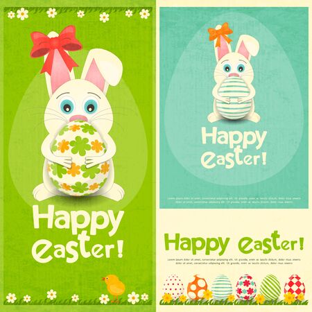 Happy Easter Greeting Cards Set. Easter Bunny holding Easter Egg. Vector Illustration.のイラスト素材