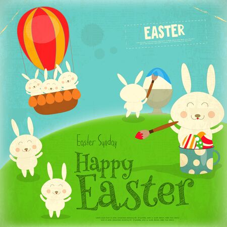 Easter Card with Easter Bunny. Postcard in Retro Style. Vector Illustration.のイラスト素材