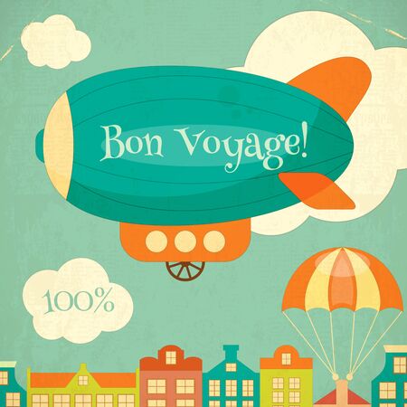 Travel Poster with Airship. Cartoon Style. Retro Design. Vector Illustration.のイラスト素材