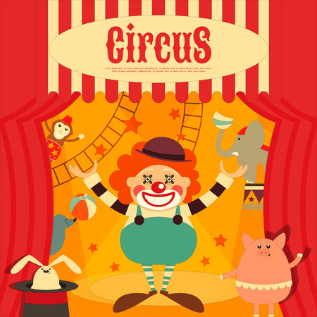 Circus Entertainment Poster Retro. Cartoon Style. Circus Animals and Characters. Illustration.のイラスト素材