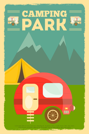 Mountain Camping with Family Trailer Caravan. Campsite Landscape with RV Traveler Truck and Tent. Outdoor Traveling Vacation. Retro Style.のイラスト素材