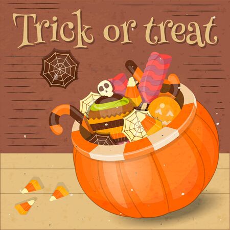 Jack-o-lantern Candy Basket with Pile of Colorful Halloween Sweet Treats. Halloween Pumpkin.のイラスト素材