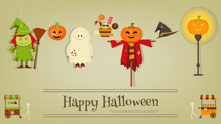 Halloween Poster - Symbols and Signs of October Holiday. Sweet Treats and Jack-o-lantern. Invitation Card for Party. Vector Illustration.のイラスト素材