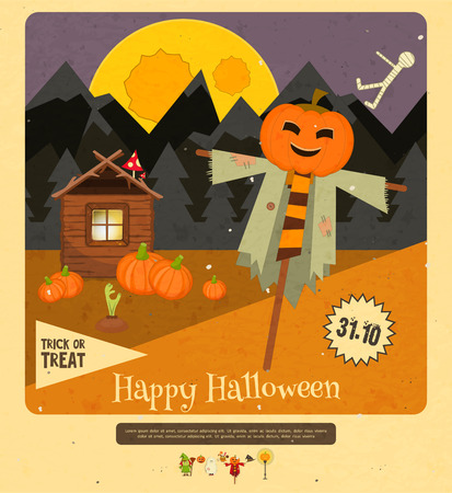 Halloween - Scarecrow, Pumpkins and The Hut. Mountain Night Moon Landscape. Retro style. Vector illustration.のイラスト素材