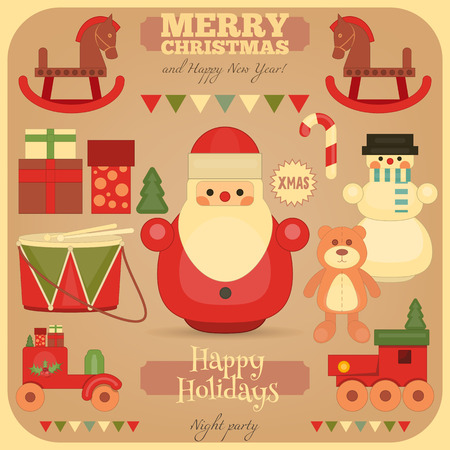 Merry Christmas and Happy New Year Card in Retro Style. Vintage Toys Collection - Wooden Santa Claus, Snowman, Train. Vector Illustration.のイラスト素材