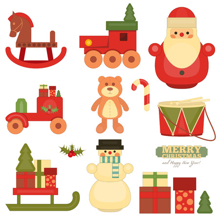 Merry Christmas and Happy New Year Objects on White Background. Vintage Toys Collection. Vector Illustration.のイラスト素材