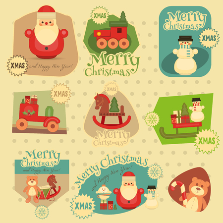 Xmas Stickers Set - Symbols and Signs of Merry Christmas and New Year. Vintage Toys Collection. Vector Illustration.のイラスト素材