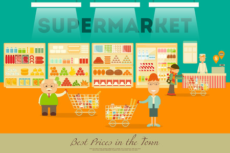 Shop and Supermarket Shelves with Products. People Shopping at Grocery. Consumerism Concept.  Vector Illustration.のイラスト素材