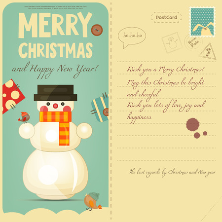 Vintage Postcard with Christmas and New Years Greeting. Backdrop of Postal Card for Winter Holiday. Snowman and Birds. Vector Illustration.のイラスト素材