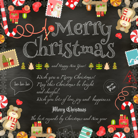 Merry Christmas and New Year Card - Holiday Frame - Greeting Text and Xmas Symbols on Blackboard  Background. Vector Illustration.のイラスト素材