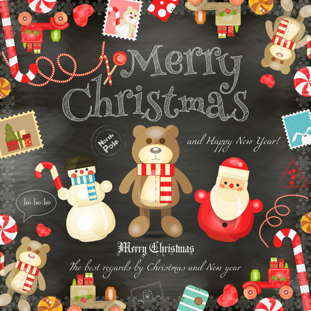 Merry Christmas and New Year Card - Holiday Frame - Santa Claus, Bear, Snowman and Symbols on Blackboard  Background. Vector Illustration.のイラスト素材