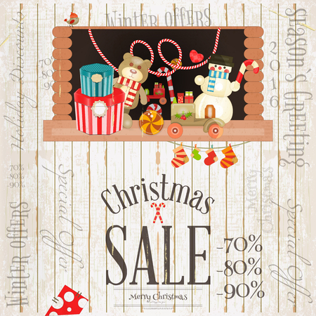 Christmas Sale Poster. Storefront with Toys and Gift Boxes on White Wooden Background. Retro Design. Vector Illustration.のイラスト素材