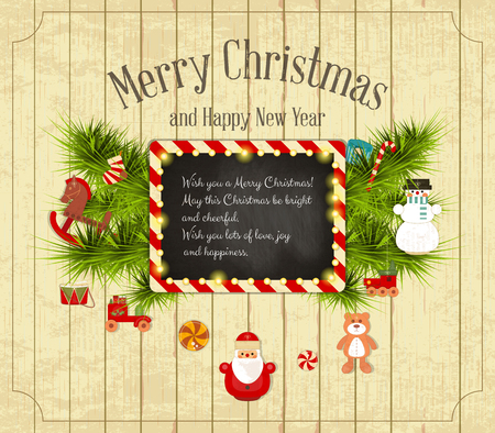 Christmas and New Year Card. Blackboard, Santa Claus, Snowman, Christmas Toys and Xmas Fir Branches on  Wooden Background. Vector illustration.のイラスト素材