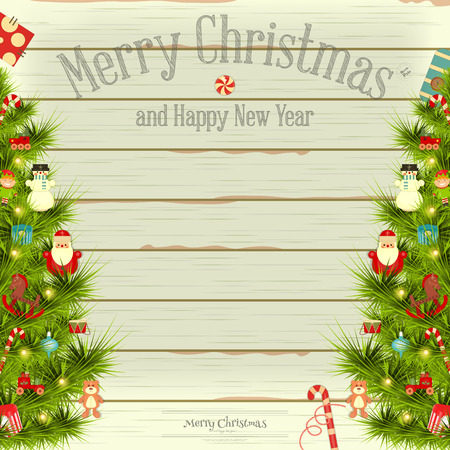 Christmas and New Year Card. Decorated Christmas Tree on Vintage White Wooden Background. Place for Text. Vector illustration.のイラスト素材
