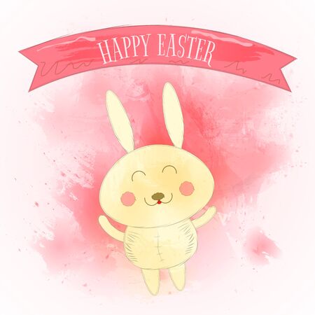 Happy Easter Greeting Card with Cute Rabbit and Watercolor Splashes. Vector Illustration.のイラスト素材