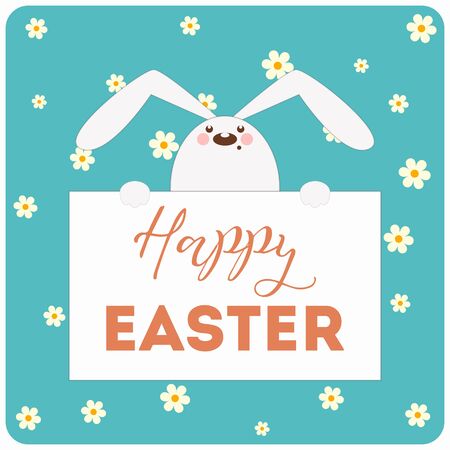 Happy Easter Rabbit Bunny on Blue Flower Background. Vector Illustration.