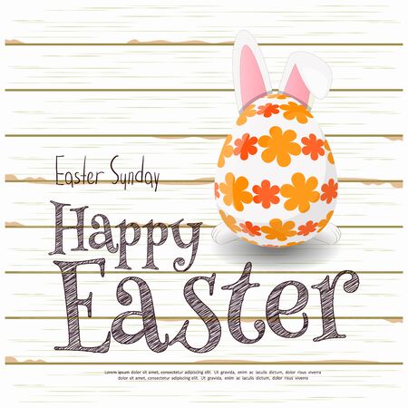 Easter Card - Egg and Rabbit on White Wooden Background. Vector Illustration.のイラスト素材