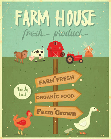 Farm House Vintage Poster. Farmers Market. Healthy Food, Organic Products and Farming Concept. Retro Style. Vector Illustration.のイラスト素材