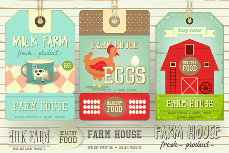 Set of Price Tag Label for Farm Product. Fresh Healthy Organic Food. Dairy Produce, Eggs. Vector Illustration.のイラスト素材