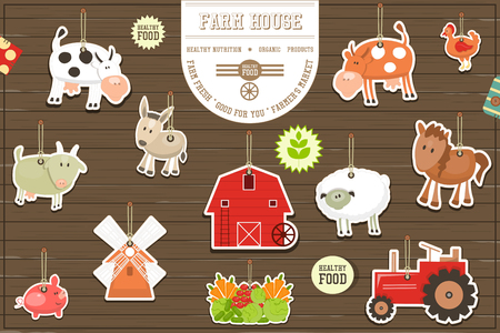 Farm Stickers Collection. Livestock Animals. Fresh Healthy Organic Food Stickers. On Wooden Background. Vector Illustration.のイラスト素材