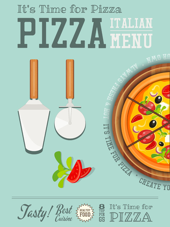 Traditional Italian Food Poster - Pizza,  Pizza Cutter and Cake Server on Blue  Background. Placard Style. Top View. Vector Illustration.のイラスト素材