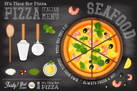 Traditional Italian Food - Pizza Seafood, Ingredients and Cutlery on Blackboard. Chalk Text. Top View. Vector Illustration.のイラスト素材