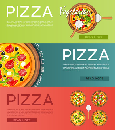 Traditional Italian Food Banners Set - Pizza. Top View. Vector Illustration.のイラスト素材