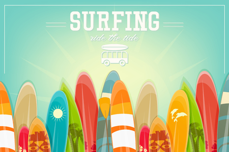Surfing Poster in Vintage Style for Surf Club or Shop. Colorful Surfboards on Beach. Vector Illustration.のイラスト素材