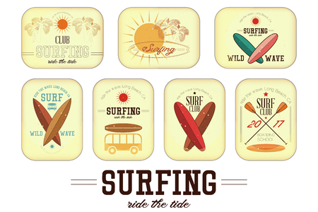 Retro Surfing Labels  Set for Surf Club or Shop Isolated on White Background. Vector Illustration.のイラスト素材