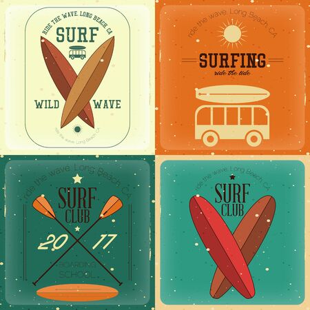 Surf  Posters Set in Vintage Style for Surfing Club or Shop with Boards.  Vector Illustration.のイラスト素材