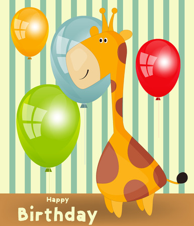 Happy Birthday Card with Giraffe and Balloons. Vector Illustration.のイラスト素材